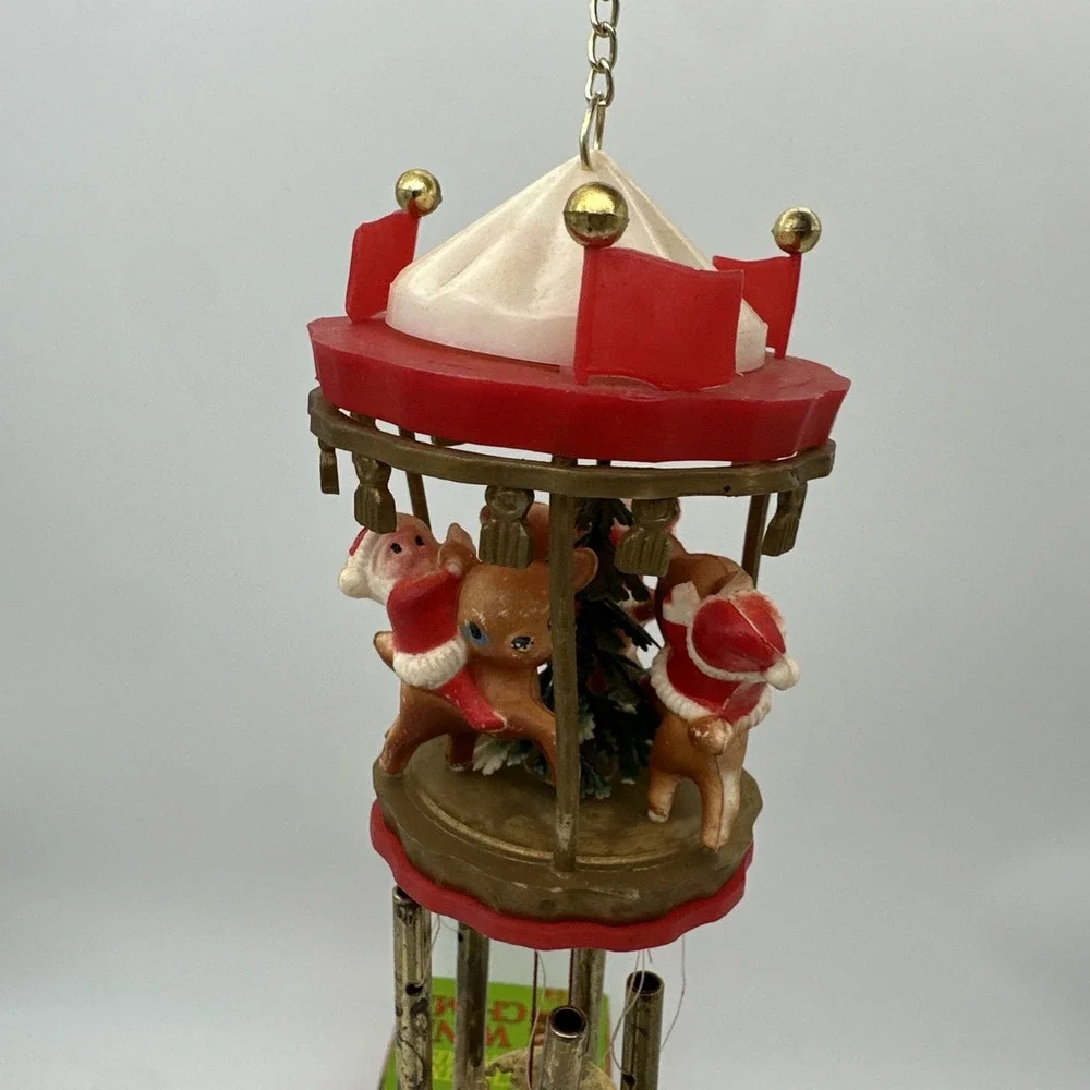 Vintage Wind Chime Christmas Ornament  Santa Riding Reindeer Carousel 1974 w/box